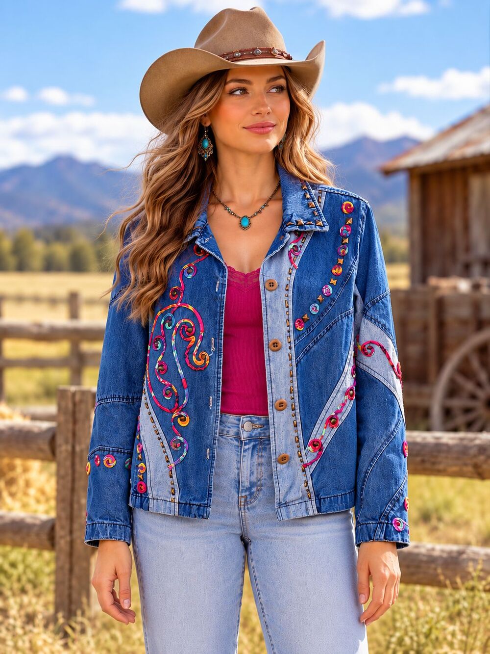 Red Ranch Women’s Small Denim Jacket Embroidered Studded Boho Western Blue Jean